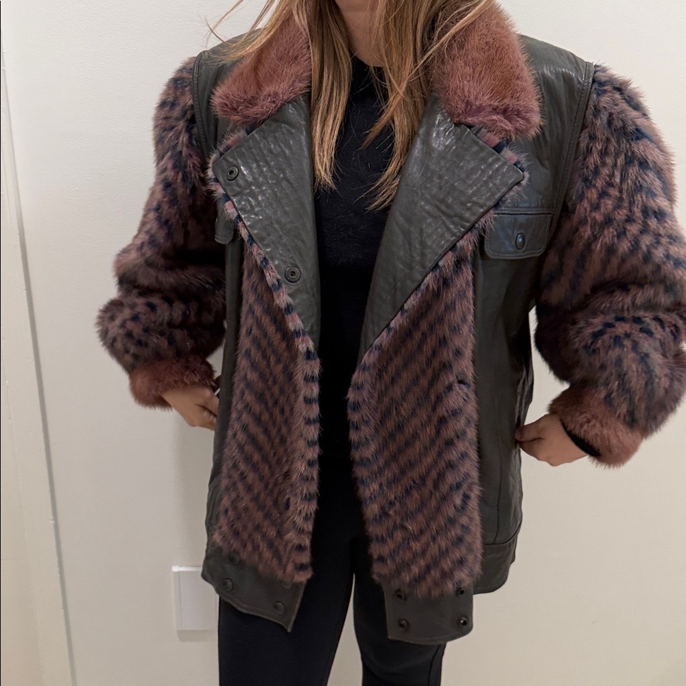 Stylish Olive Greenleather and mink Women's bomber Jacket